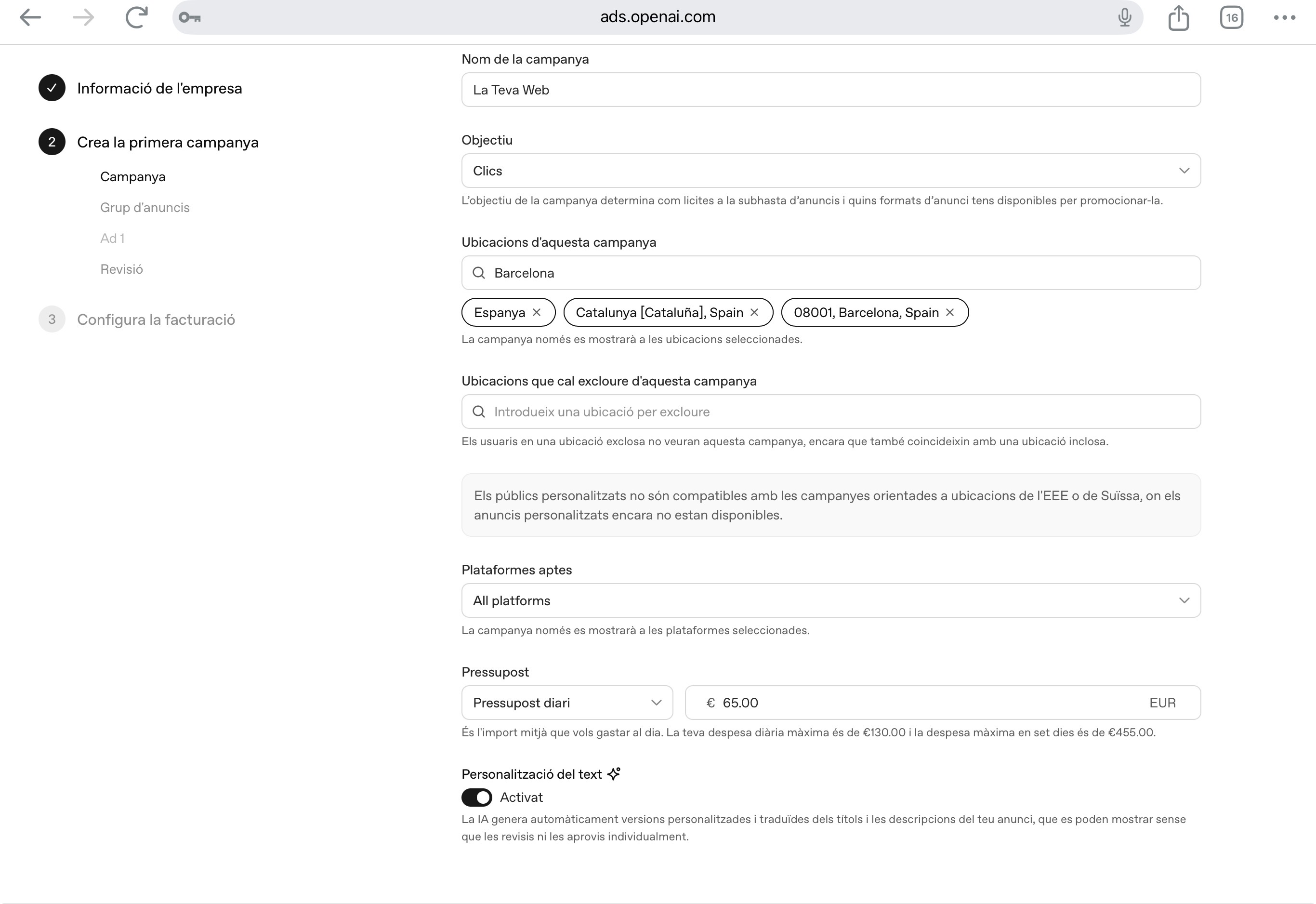 configuracion campa&ntilde;as chatgpt ads