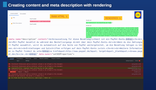 Comparativa entre HTML bruto y renderizado en una página de Lidl donde el title y la meta description cambian con JavaScript